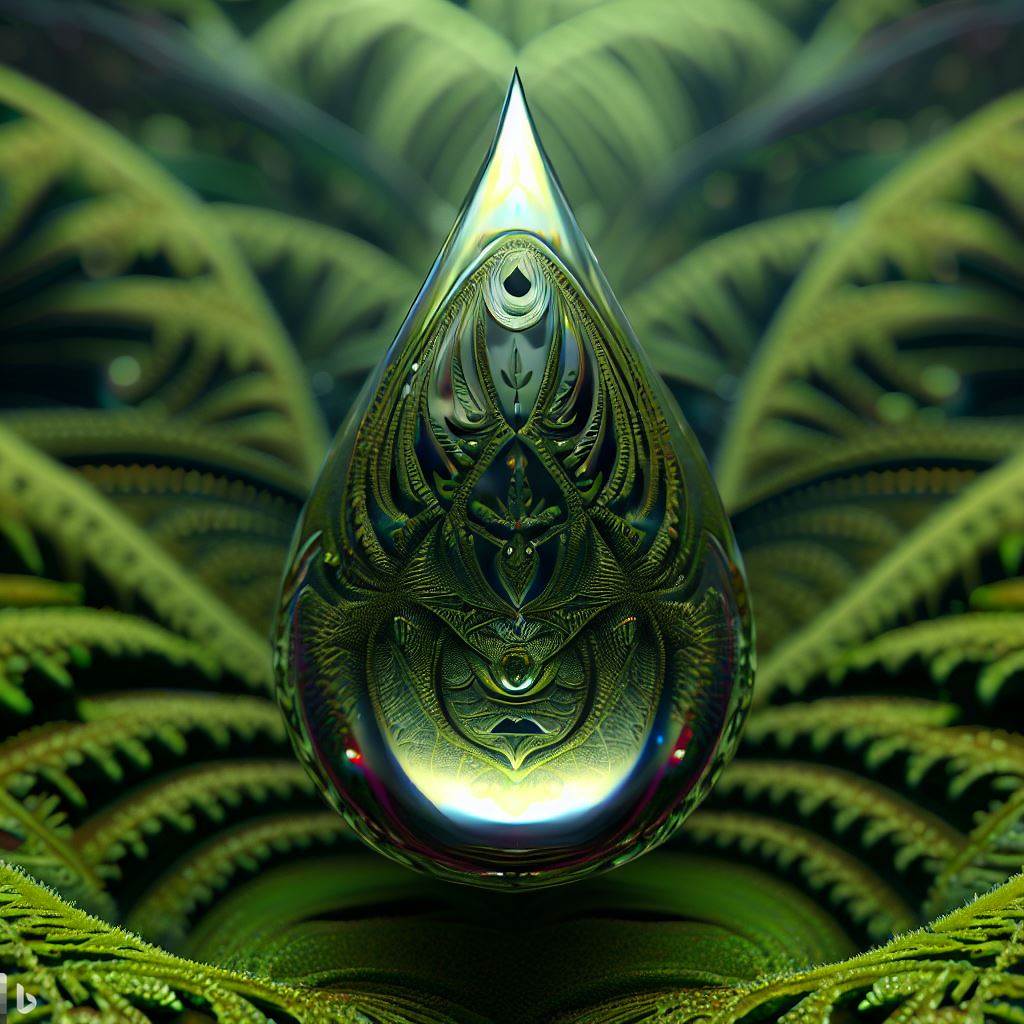 3D hyper-detailed raindrop centered in a fractal mossy rainforest, mirroring recursion.jpg